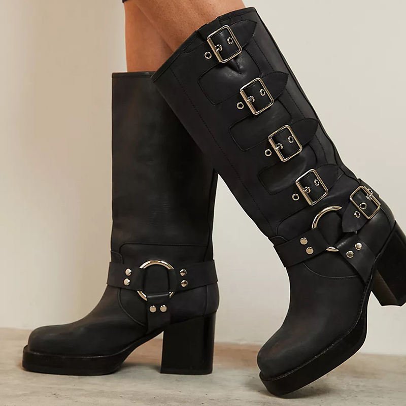 GOOSHOE Black Buckle Shoes Platform Calf High Boots Block Heels