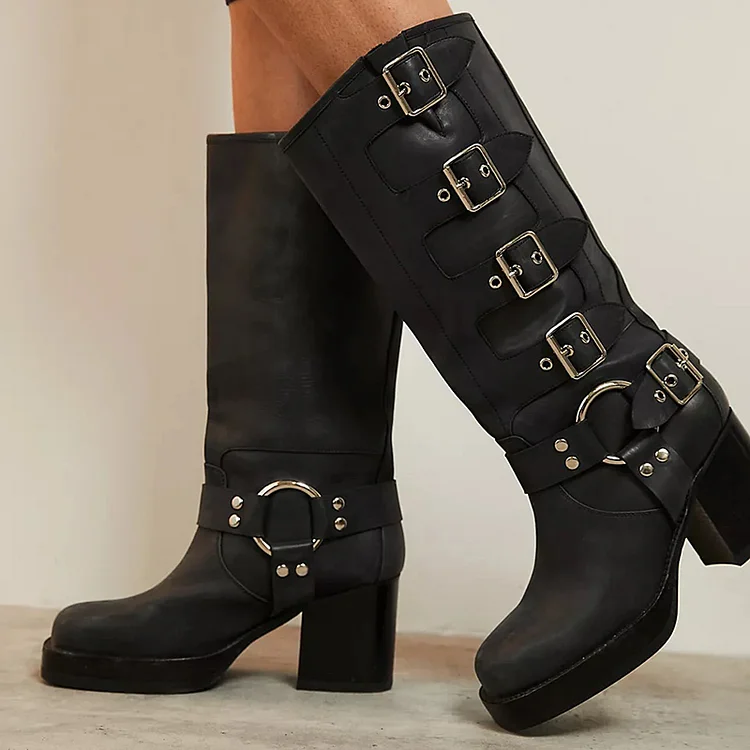 Black Round Toe Buckle Shoes Women'S Platform Calf High Boots Vintage Block Heels |FSJ Shoes
