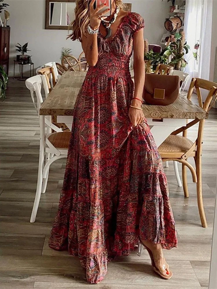 Vintage Women 2022 Summer V Neck Party Dress Elegant Floral Printing Short Sleeve Ladies Dress Casual Loose Dress 3XL Streetwear