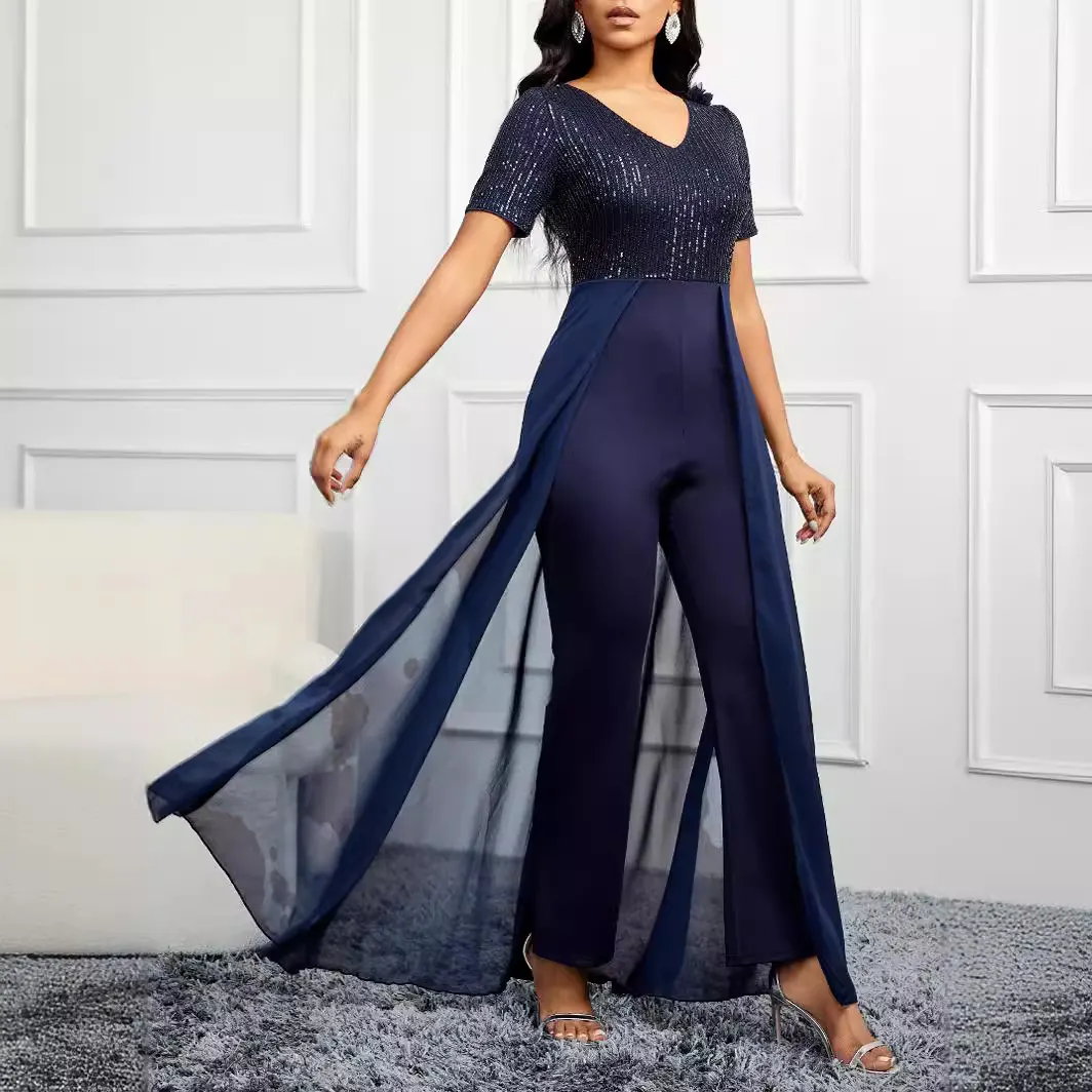 Uveng Uveng Solid-Color V-Neck Fashion Sleeves Sleeves Elegant Body-Pair Party Jumpsuits