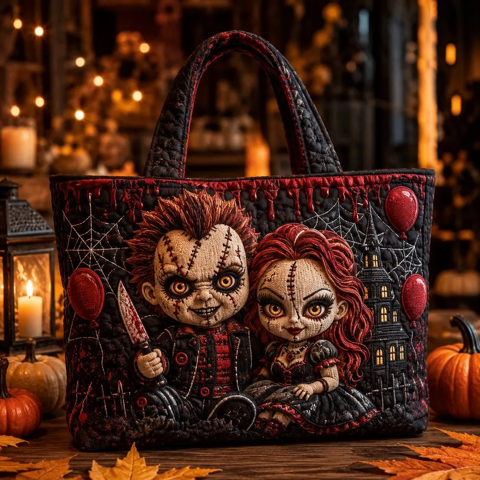 Custom Printed horror tote bag with Halloween pumpkins and candles