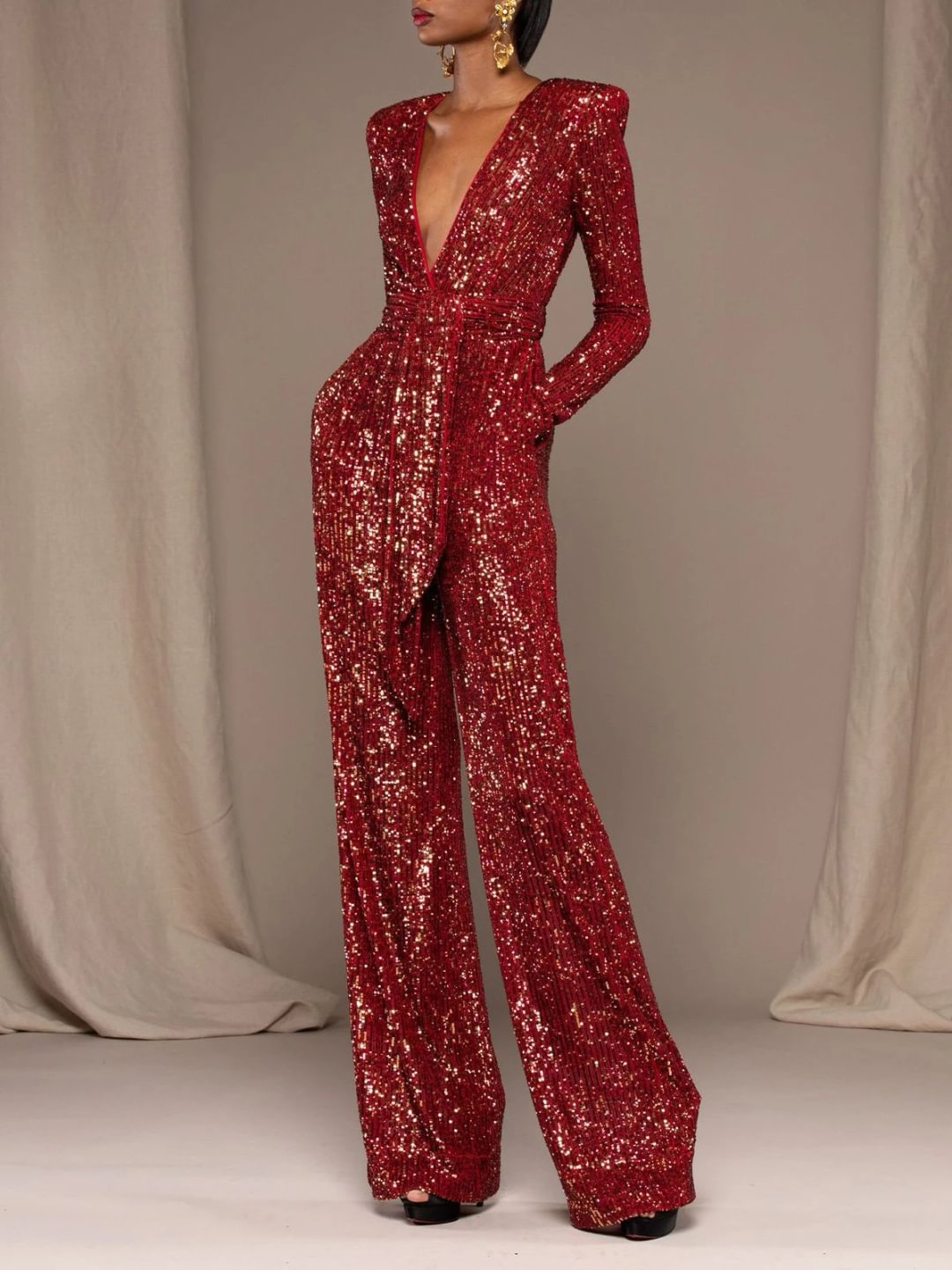 Long sleeves deep v-neck red silk   sequins jumpsuit-zachics