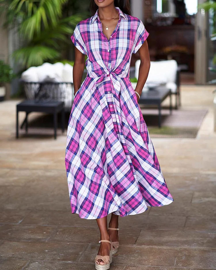 Relaxed Check Short Sleeve Shirt Dress