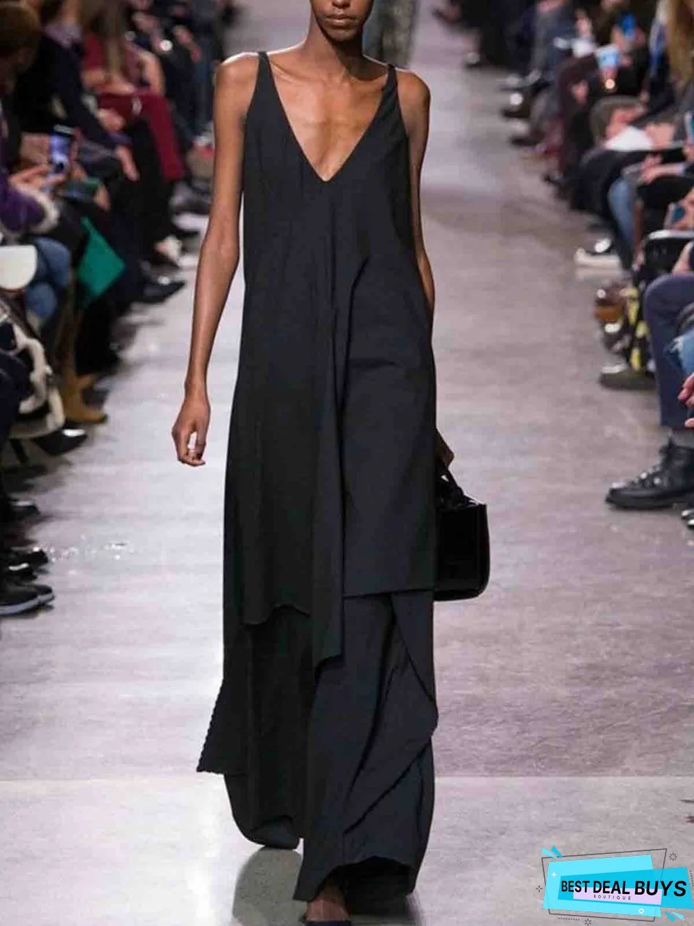 Black V Neck Cocktail Weaving Dress