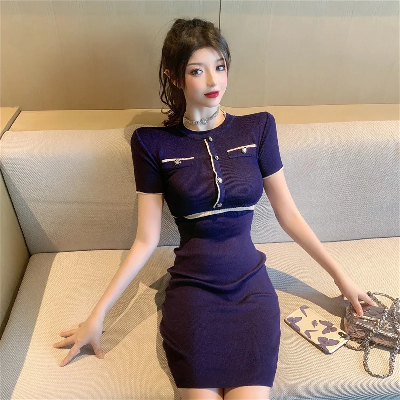 Uveng Uveng Summer New Korean Version Of The New Temperament Small Fragrant Fashion Slim Slimming High-Waist Short-Sleeved Dress