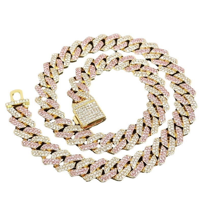 Qianshimei New 14mm Encryption Color Half Blue Half Pink Dragon Beard Buckle Flip Rhombus Cuban Chain Hip Hop Necklace