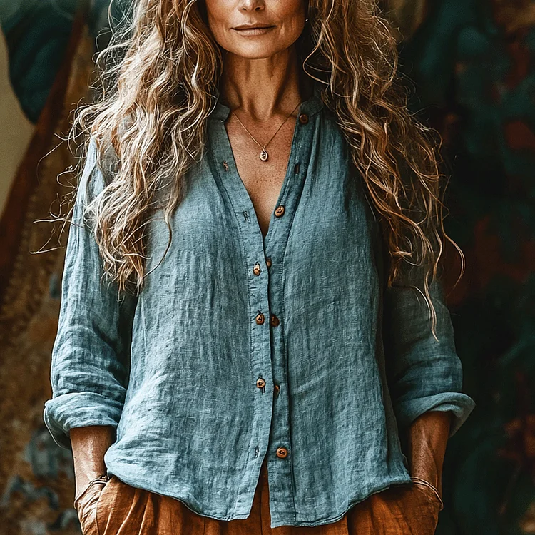 Bohemian Style Linen Floral Art Print Long Sleeve Loose  Shirt