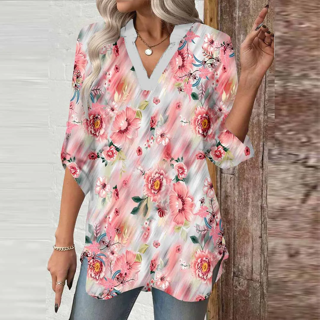 Women Floral,Pink DZGA0781 3/4 Sleeve V-neck Printed Graphic Button Tops