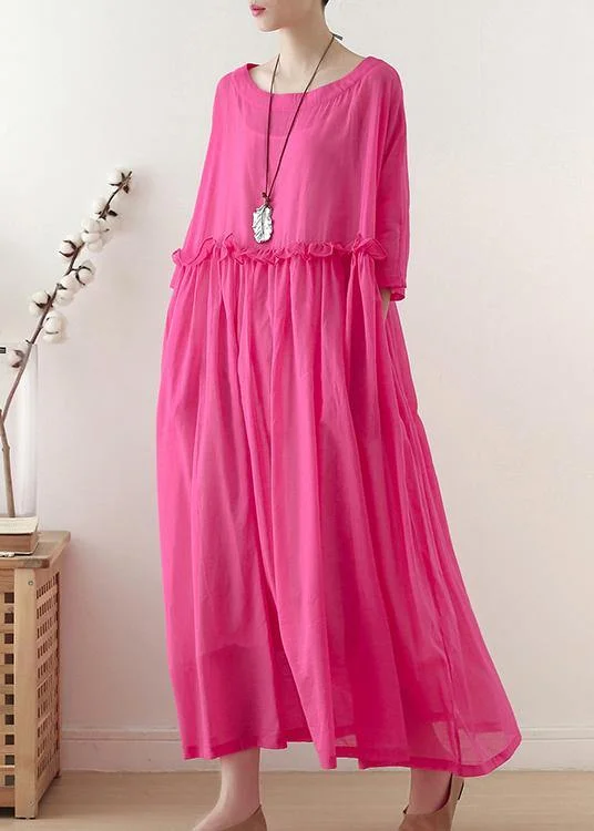 Casual Rose O-Neck Ruffled Long Dress Summer Chiffon Dress