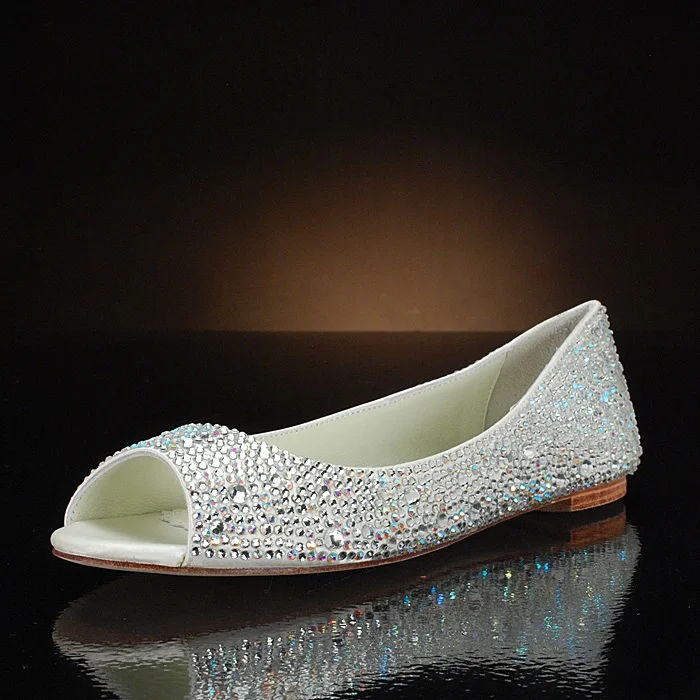 Silver Wedding Shoes Peep Toe Rhinestone Flats |FSJ Shoes