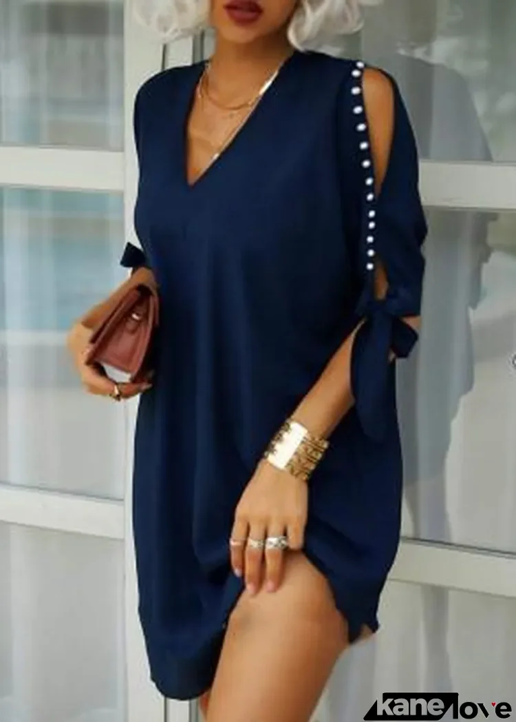 Skirt V-neck Short Sleeve Solid Color Loose Dress