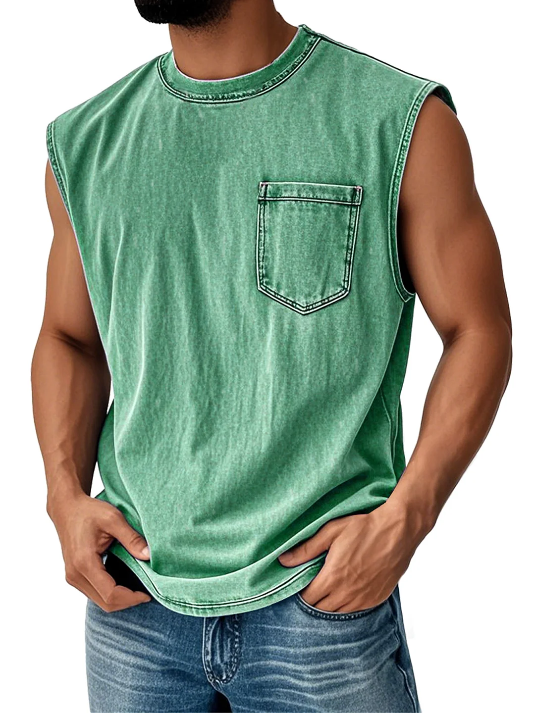 Men's Vintage Distressed Casual Round Neck Pocket Solid Color Sleeveless Vest
