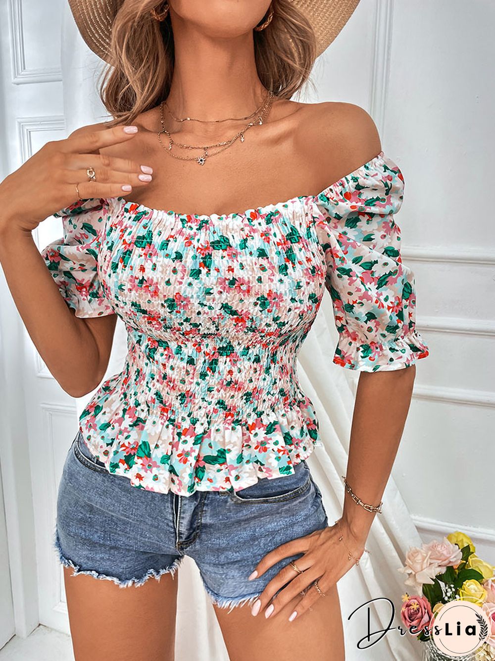 Women's Elegant Bodycon Blouses Top Summer Casual Print Square Neck Gathered Short Sleeve Floral Short Shirts Women Blouses