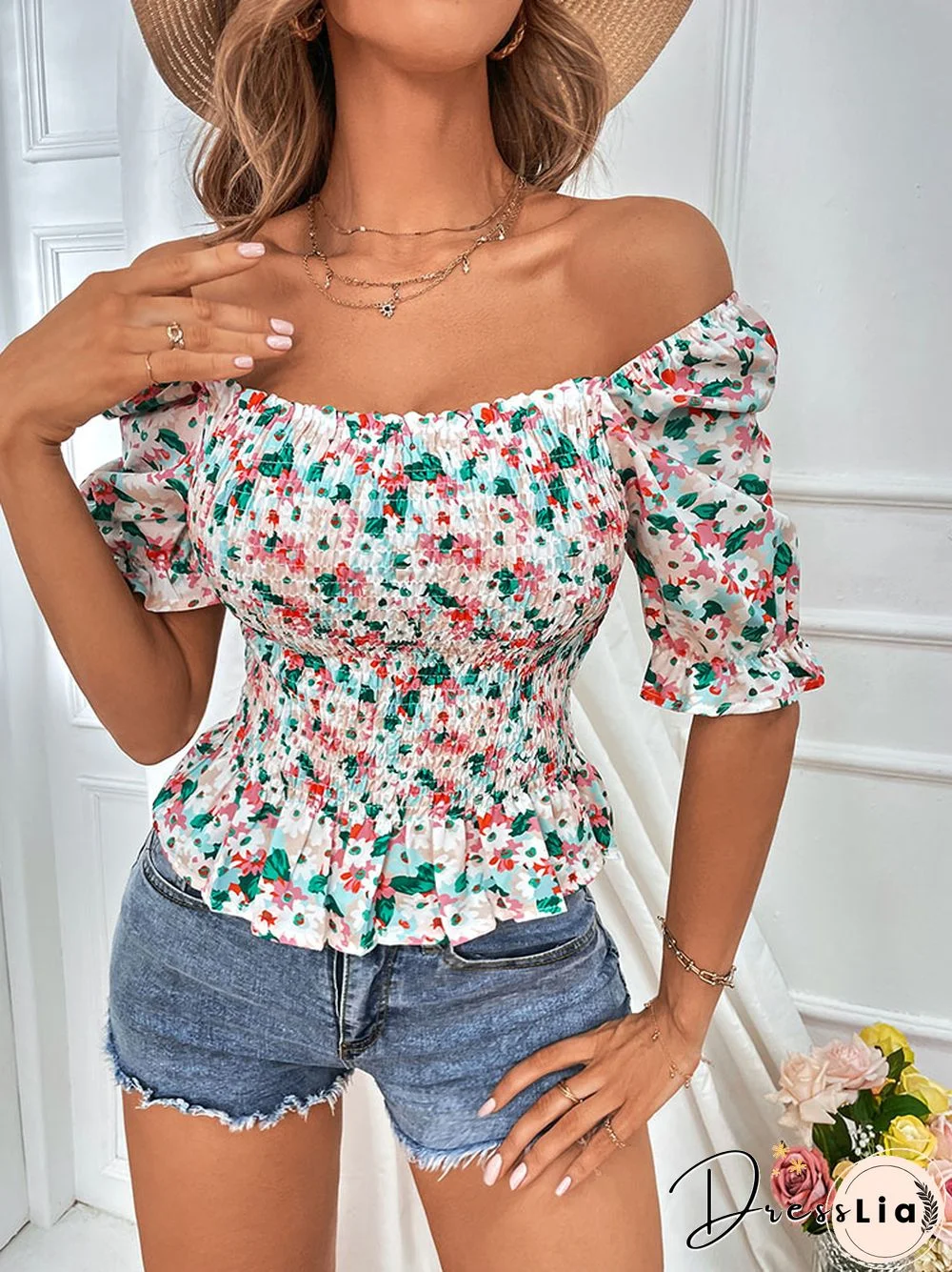 Women's Elegant Bodycon Blouses Top Summer Casual Print Square Neck Gathered Short Sleeve Floral Short Shirts Women Blouses