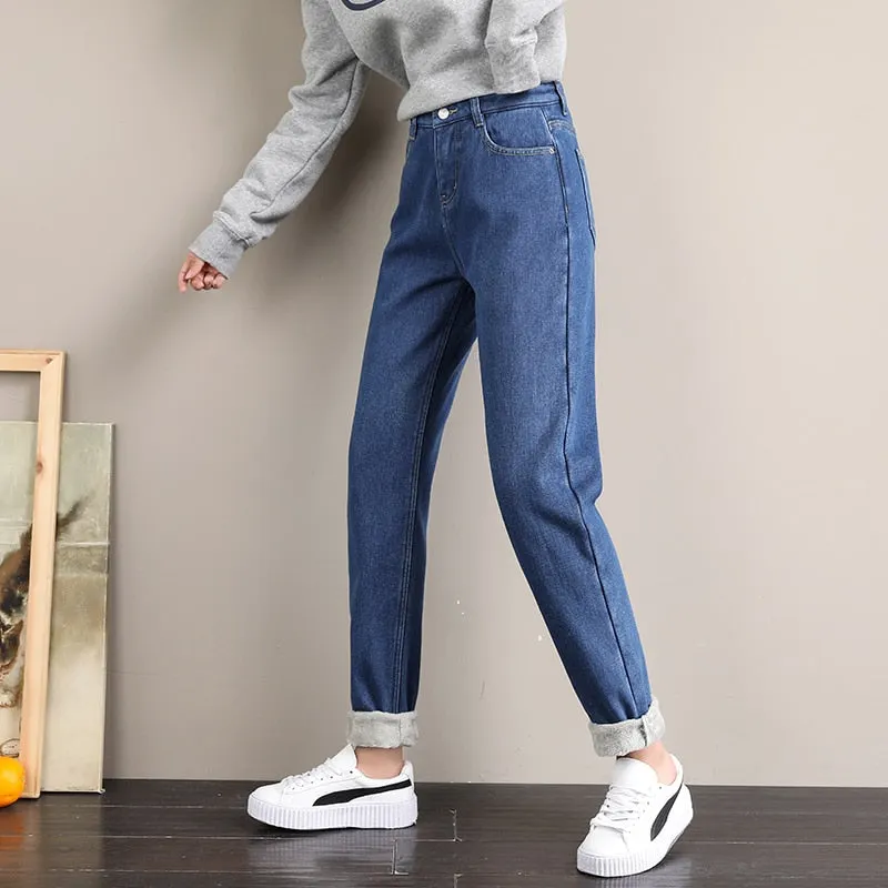 Warm Jeans Winter 2020 New Velvet Thick Mom Jeans High Waist Harem Trousers  Female Pantalon Loose Wide-leg Fleece Denim Pants