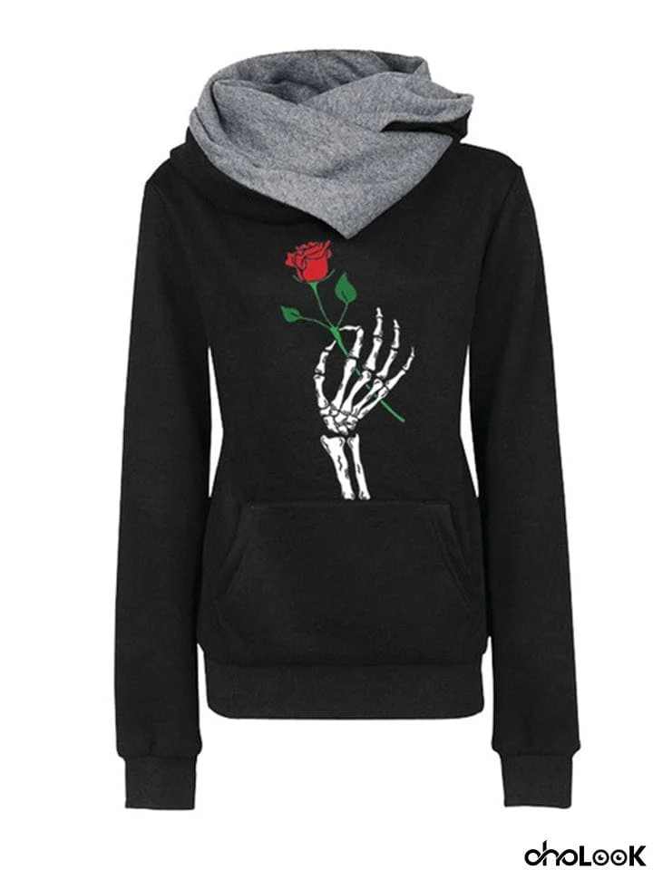 New Rose And Skeleton Hand Printed Long Sleeve Hoodies