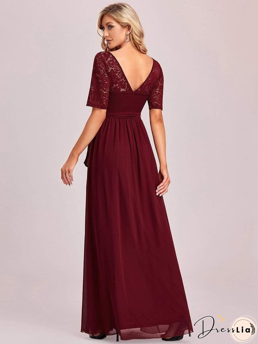 Sophisticated Lace Bodice Chiffon Maxi Evening Gown with Belt for Elegant Occasions