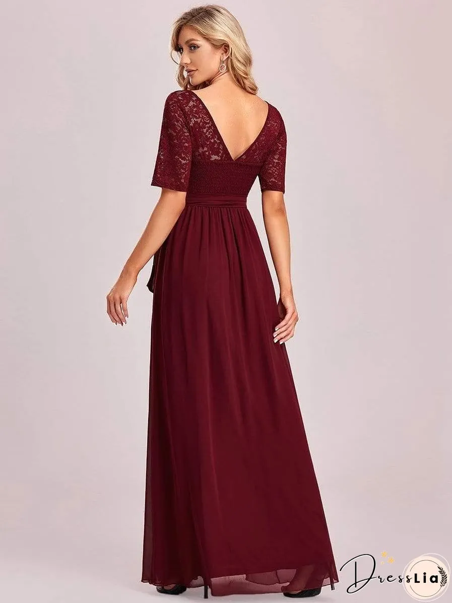 Sophisticated Lace Bodice Chiffon Maxi Evening Gown with Belt for Elegant Occasions