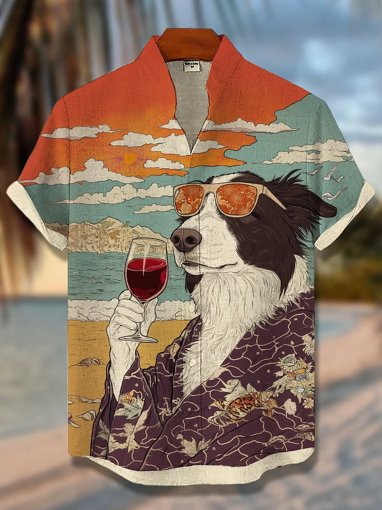 Men's International Dog Day Border Collie Red Wine Print Short Sleeve Shirt