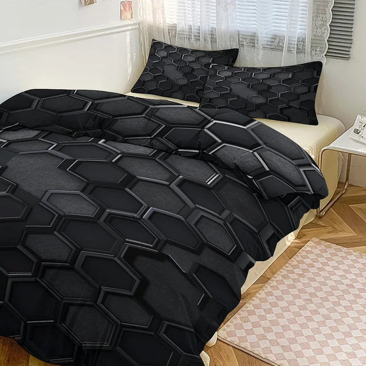 3-Piece Bedding Set (1 Duvet Cover + 2 Pillow Shams) HEXAGONAL BLACK  customized, personalized, gift