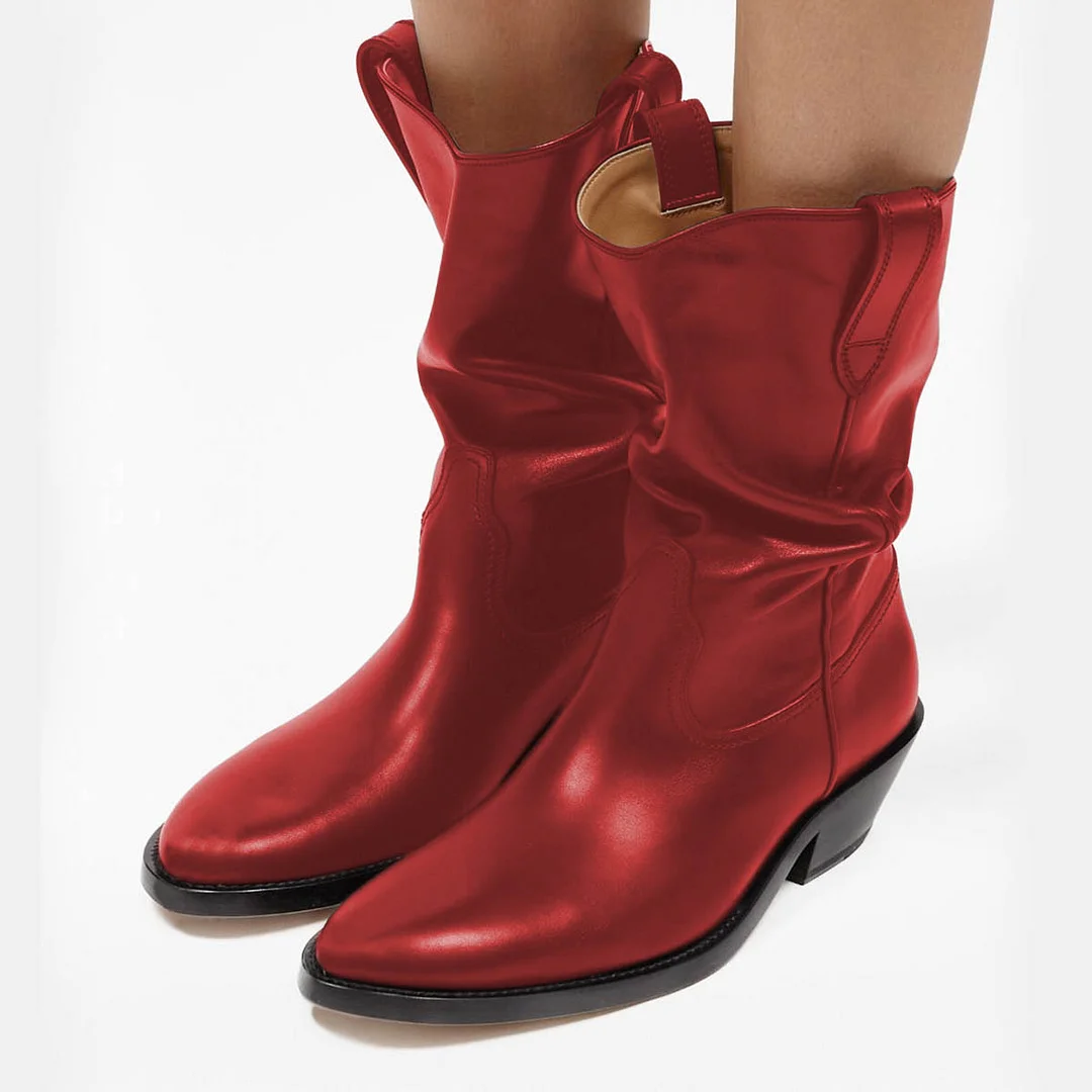 Vegan Leather Almond Toe Side Loops Silhouette Shiny Boots in Red