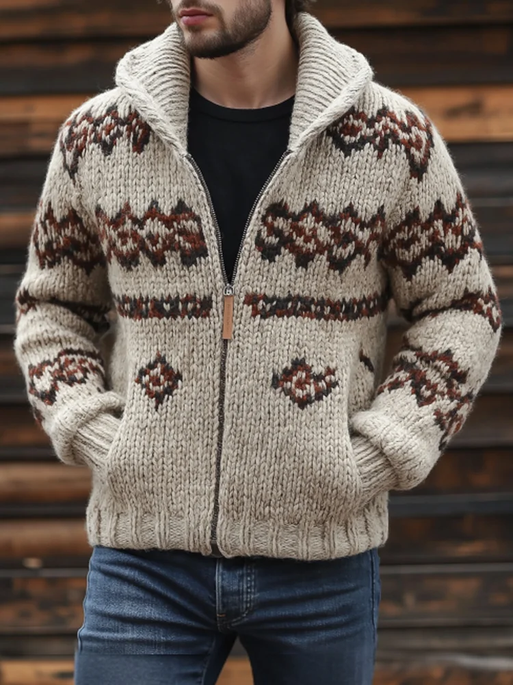 Vintage Geometric Men's Zipper Hooded Cardigan