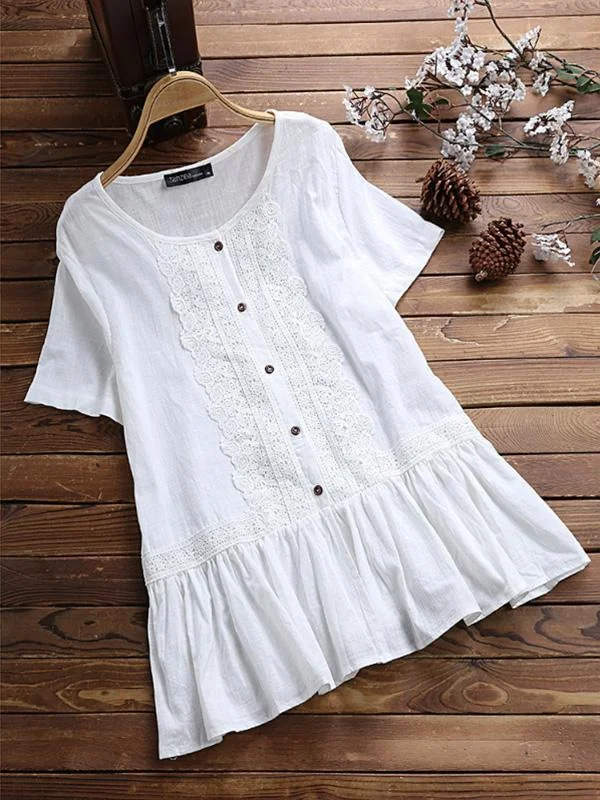 Ladies cotton linen lace stitching round neck shirt-Mayoulove