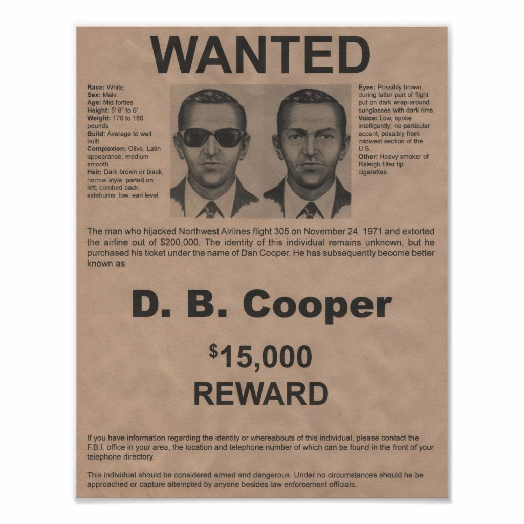 1971 DB DAN D.B. COOPER FBI WANTED POSTER 8.5X11 Photo Poster painting PICTURE HIJACKER SKYACKER