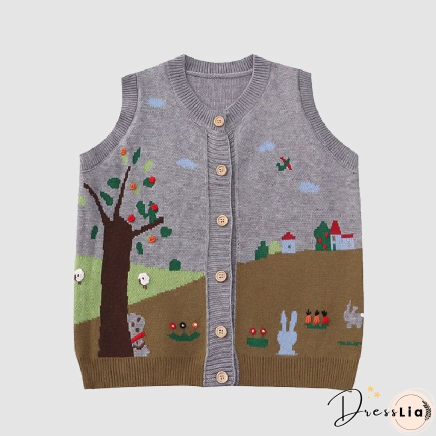 Pastoral Illustration Vest Sweater