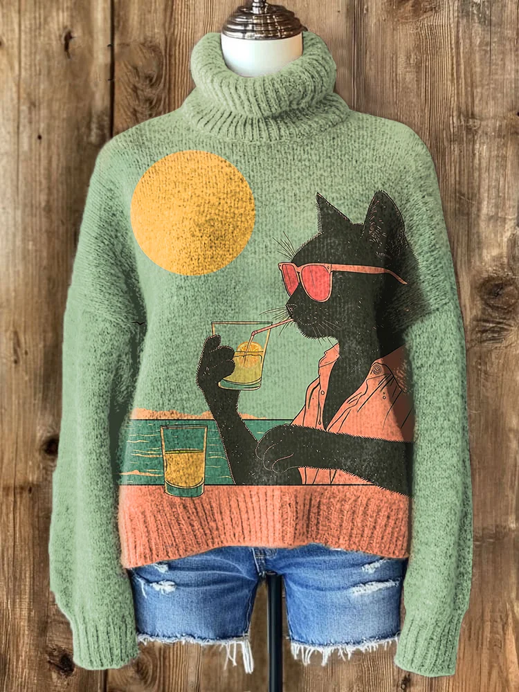 Women's Leisure Cat Cocktail Vacation Art Print High Neck Knit Sweatshirt
