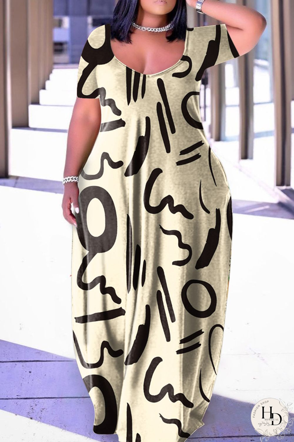 Apricot Casual Print Basic V Neck Short Sleeve Dress Plus Size Dresses