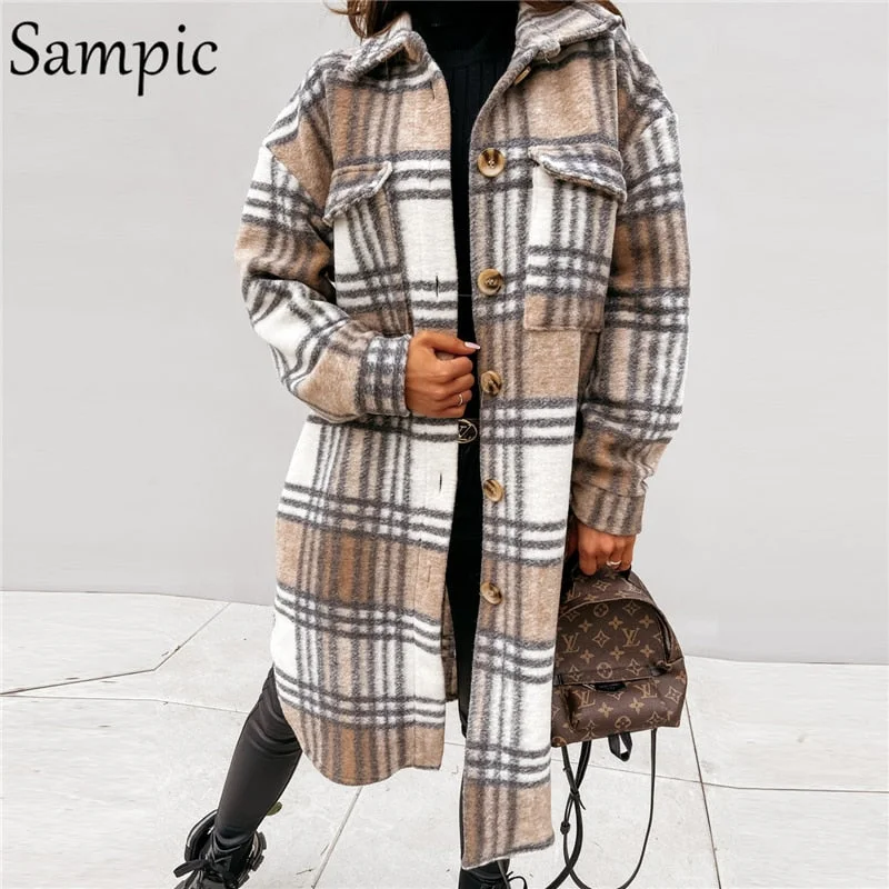 Sampic 2021 Khaki Autumn Loose Plaid Single Breasted Long Coat Jacket Women Pocket Casual Long Sleeve Winter Jacket Coat Outwear