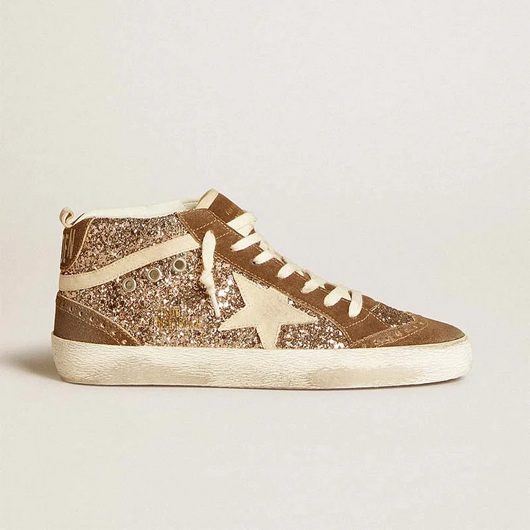 Golden Goose Mid Star Mujer de purpurina con estrella de ante perla e inserciones de ante marrón