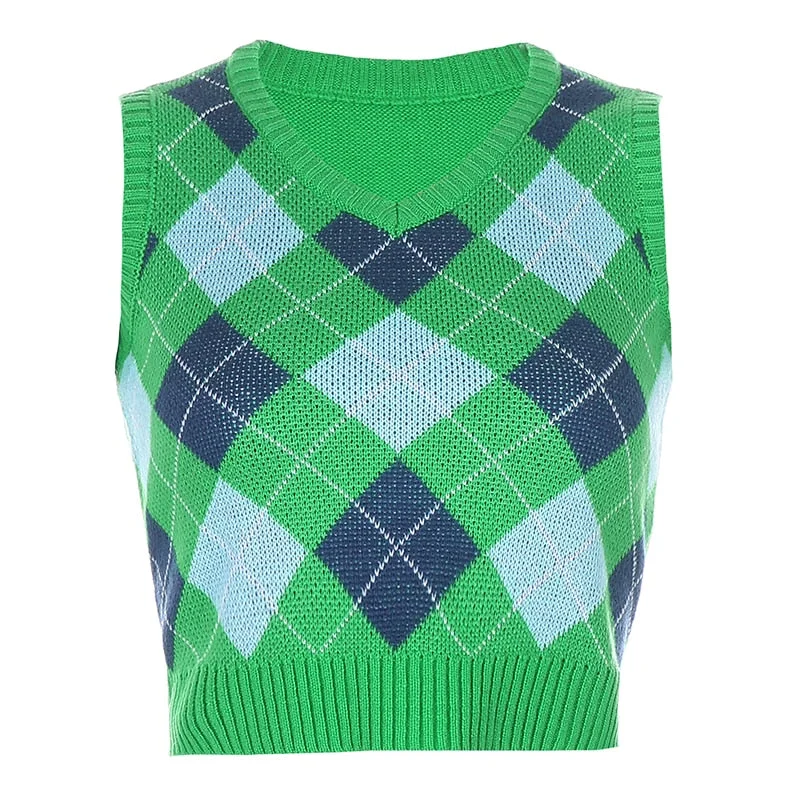 HEYounGIRL Argyle Y2K Sweat Crop Top Vest Sweater Autumn Sleeveless Plaid Tank Sweaters Preppy Style Fashion Knitted Jumper 2021