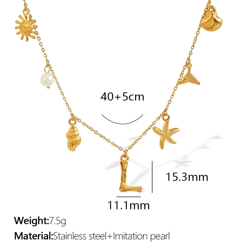 Beach Starfish 304 Stainless Steel Artificial Pearls 18K Gold Plated Polishing Inlay Pendant Necklace