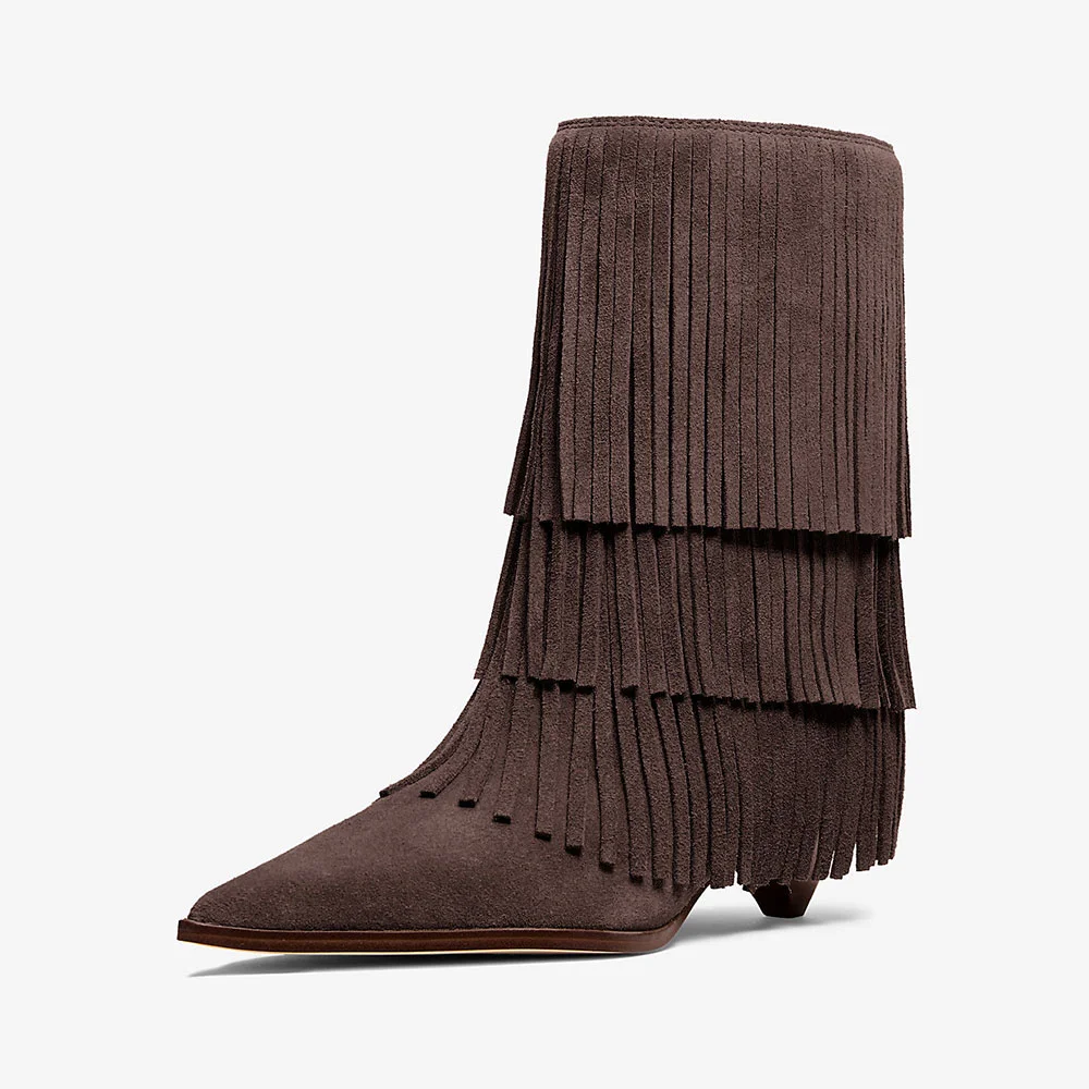 Women's Brown Vegan Suede Pointed Toe Cone Heel Fringe Booties
