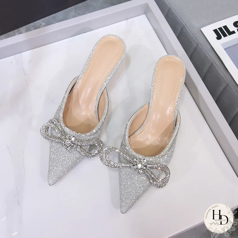 Rhinestones Bowknot Sandals For Women Sexy Buckle Strap Ladies High Heel Pumps Pointed Toe