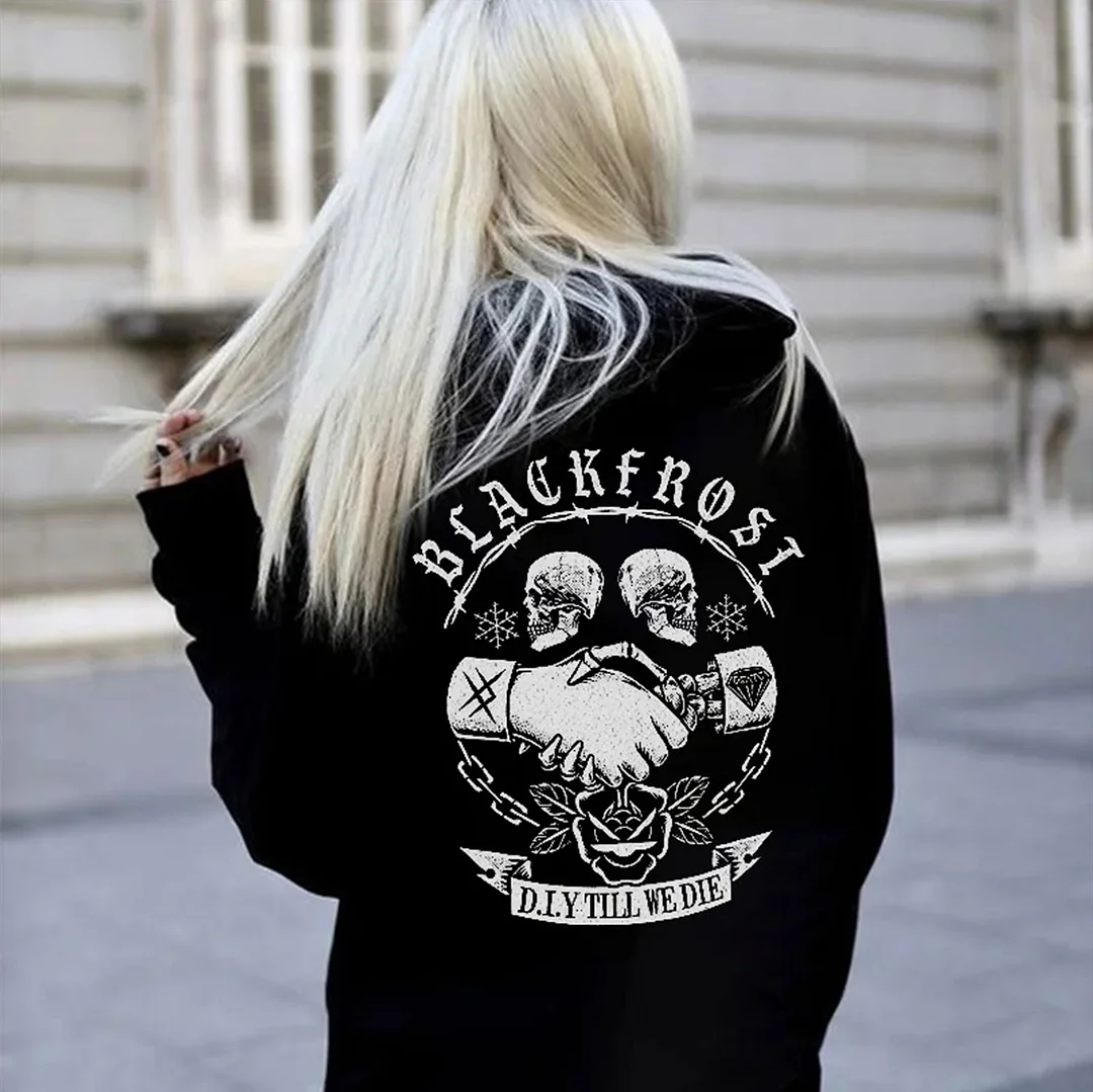 BLACK FROST Shaking Hands Friendly Skulls Rose  Black Print Hoodie