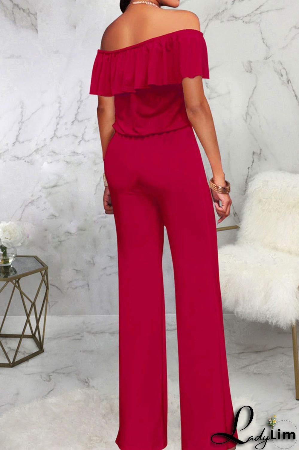 Grey Casual Solid Patchwork Flounce Off the Shoulder Straight Jumpsuits