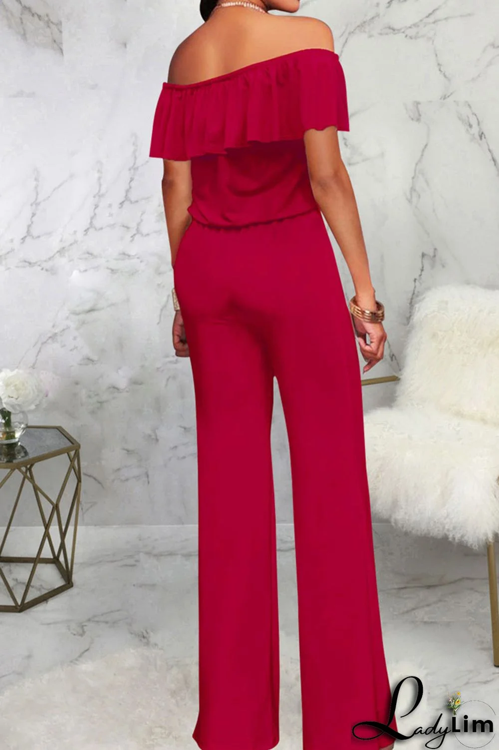 Grey Casual Solid Patchwork Flounce Off the Shoulder Straight Jumpsuits