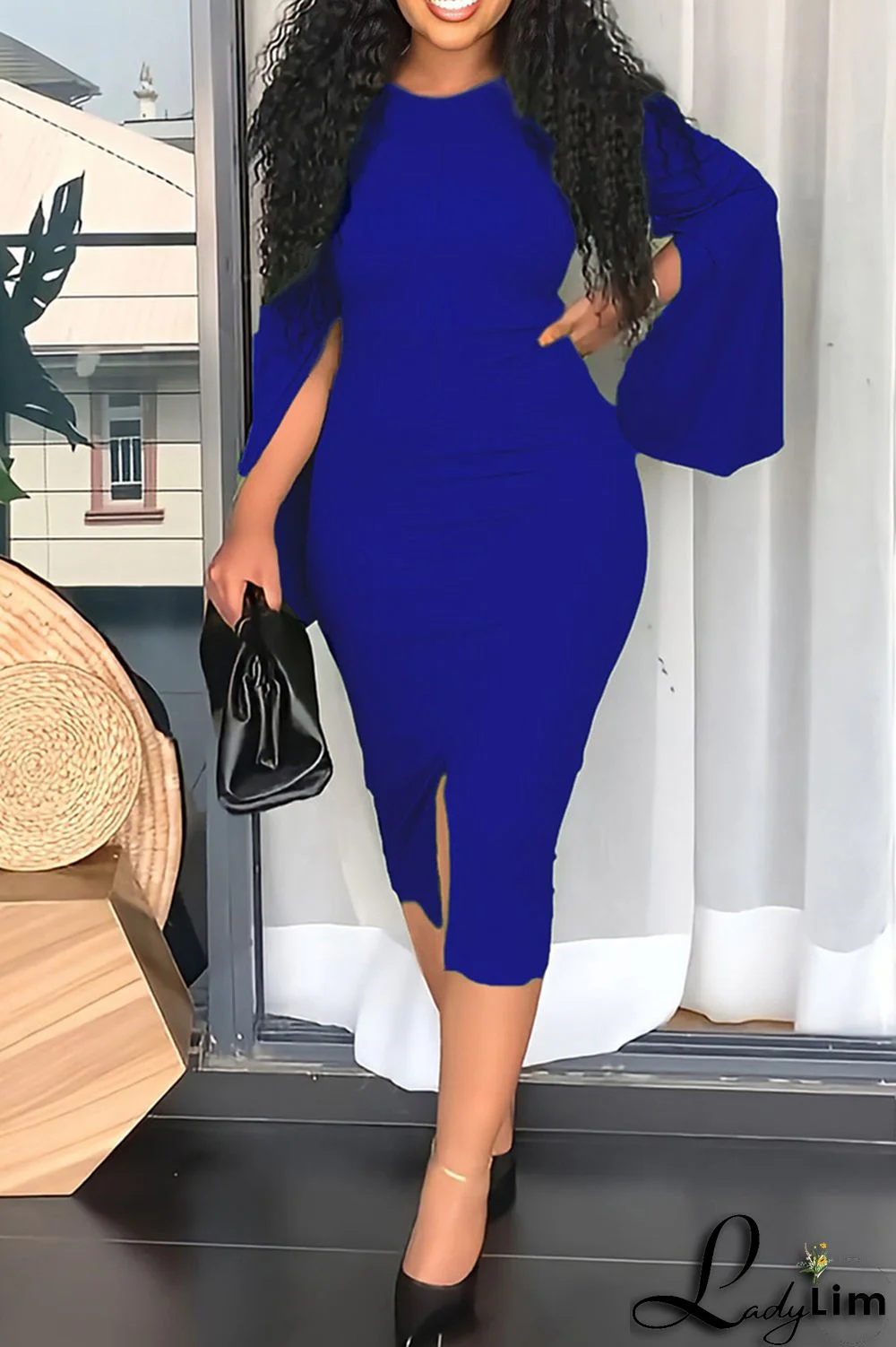 Blue Fashion Casual Solid Patchwork Slit O Neck Long Sleeve Dresses