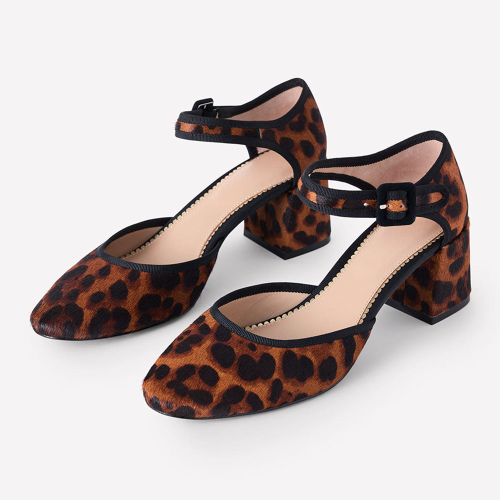 Leopard Printed Buckle Strap Round Toe Block Heel Mary Jane Pumps Nicepairs