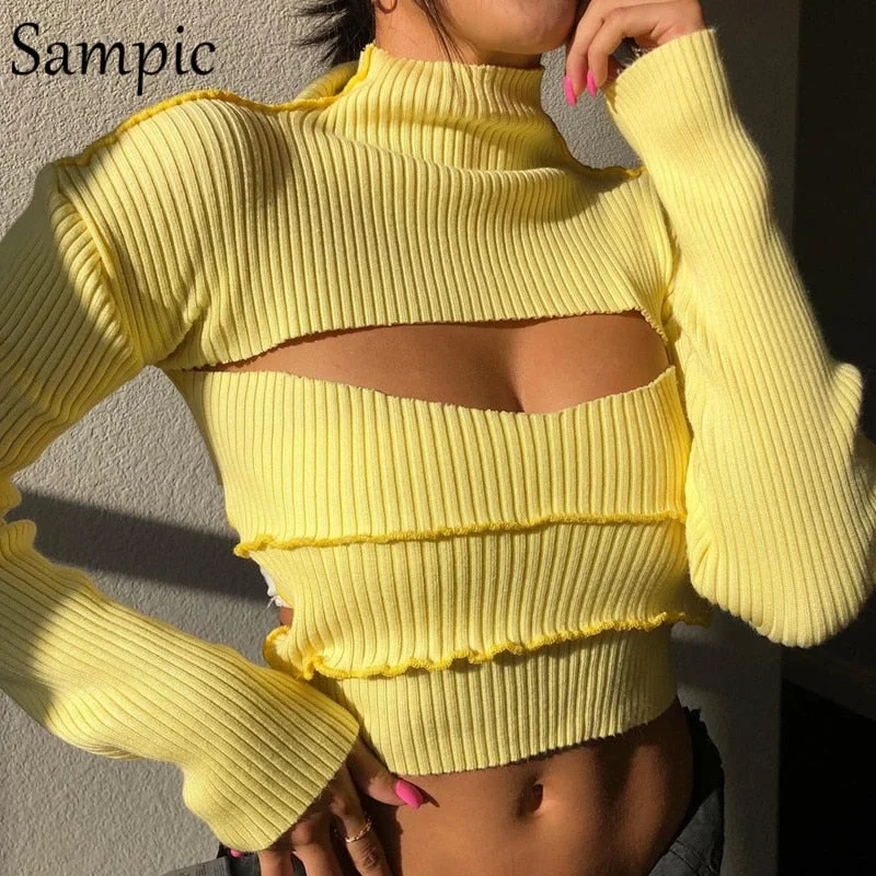 Sampic Turtleneck Hollow Out Sexy Women Yellow Skinny Mini Long Sleeve T Shirt 2020 Autumn Winter Basic Cropped Tees Tops