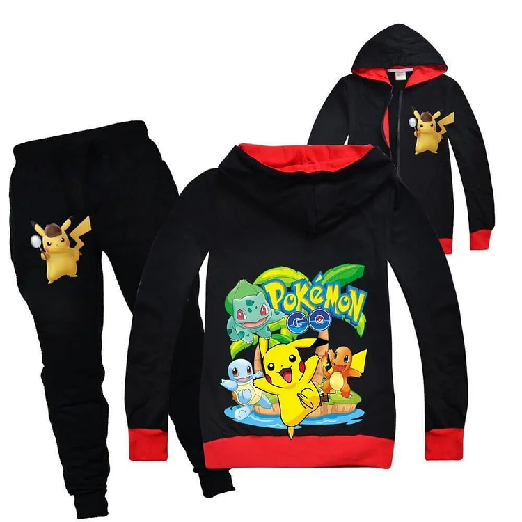 Boys Girls Zip Up Cotton Hoodie Sweatpants In Pokemon Go Pikachu Print-Mayoulove