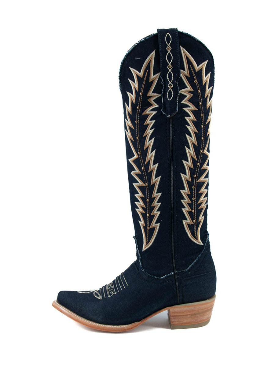 Dark Blue Denim Snip Toe Embroidered Knee High Cowgirl Boots With Chunky Heels
