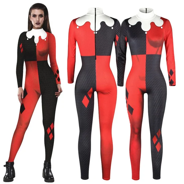 Womens Harley Quinn Spandex Jumpsuit Red Black Suicide Squad Woman Costume Cosplay