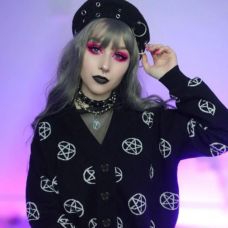 GOTH PENTAGRAM PATTERN BUTTONED BLACK CARDIGAN