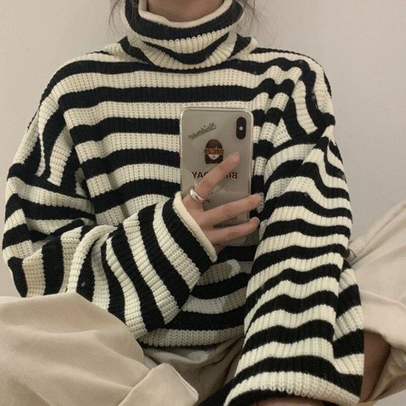 Women's Turtleneck 2021 Korean Fashion Warm Striped Sweater Casual All-match Long Sleeve Autumn Winter Pullovers Campus Knitwear