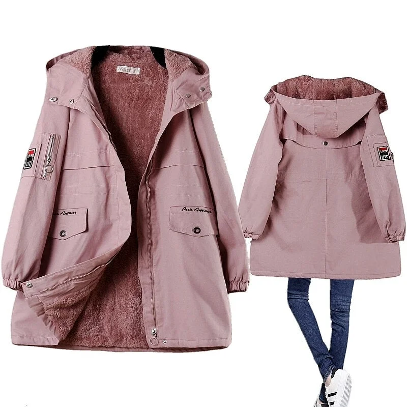 Winter Fleece Women Parka Female Hooded Mid Length Warm Autumn Coat Padded Pink Blue Black Woman Windbreaker Jacket Plus Size