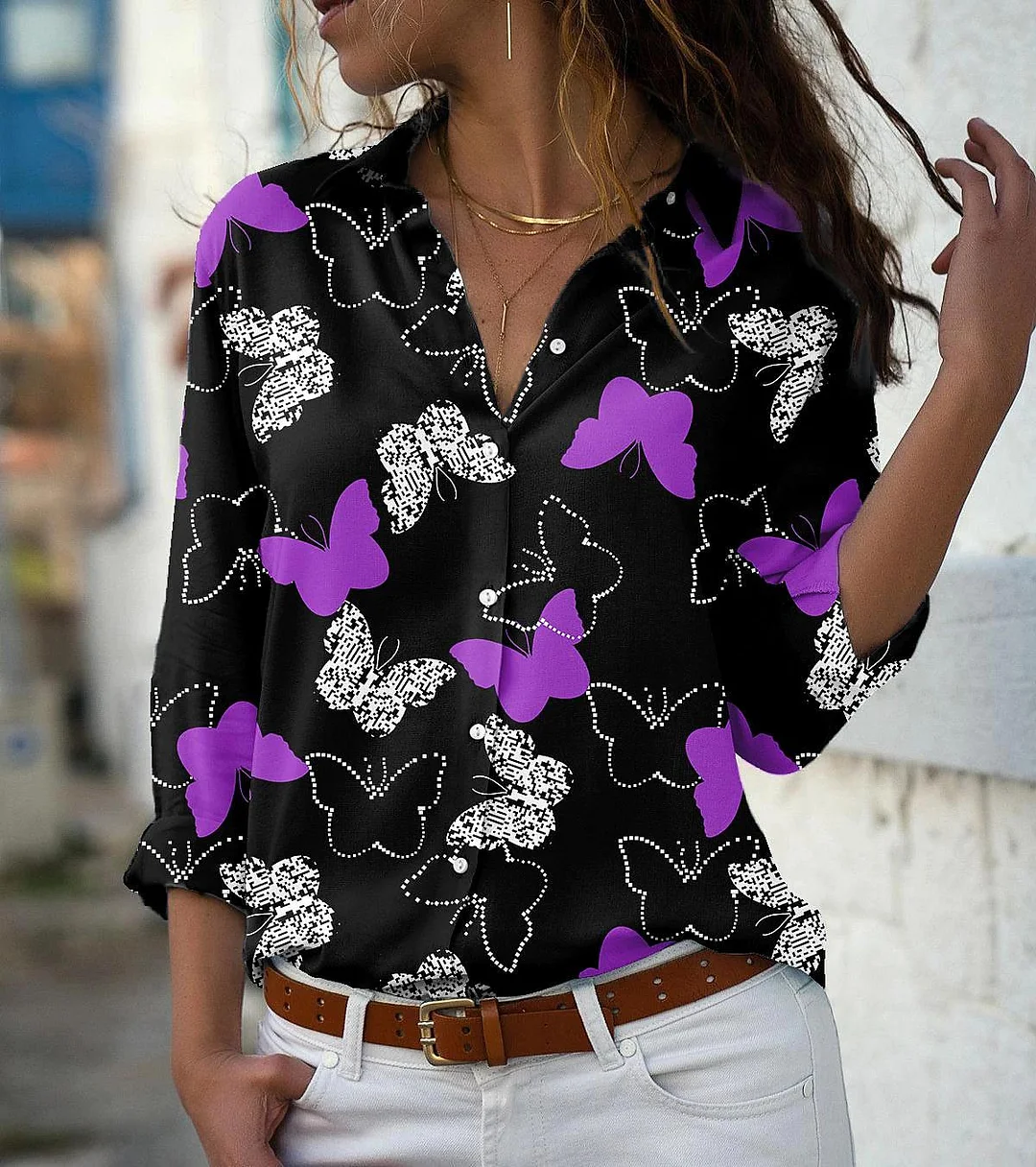 Butterfly Print Blouses For Women Turn-down Collar Long Sleeve Elegant Office Lady Tops Casual Plus Size Fashion Shirts Blusas